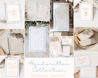 Complete summer handwritten wedding bundle blue orange fun wavy reception signage package complete candy colour whimsical stationery set