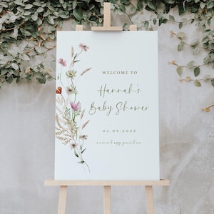 Plaque de bienvenue pour baby shower, fleurs sauvages, affiche d'entrée bébé en fleurs, décoration florale de fête, modèle imprimable sur toile