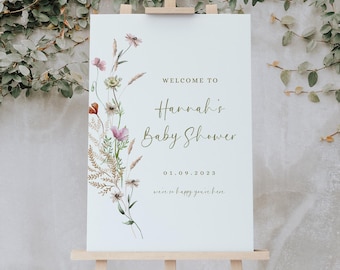 Baby Shower Wildflower Welcome Sign, Baby in Bloom Entrance Poster, Floral Party Decoration, Printable Canva Template