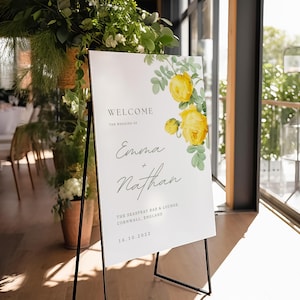 Letrero de bienvenida con rosas amarillas, letrero de bienvenida para bodas, plantilla de letrero de bienvenida con rosas de acuarela floral, plantilla imprimible para letrero de boda con flores