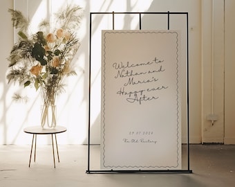 Wavy border welcome sign black and cream scalloped edge wedding entrance board template, modern handwritten reception signage handwritten