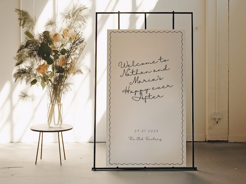 Whimsical hand drawn welcome sign wavy wedding welcome sign wavy border welcome sign wavy welcome wedding sign scalloped edge sign template