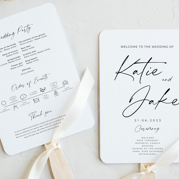 Elegant wedding program fan template Modern Calligraphy program wedding fan timeline program printable template minimal Ceremony Program