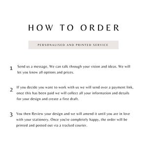 May include: How to order personalized and printed stationery.  Send a message, discuss your vision, and receive a payment link.  Once paid, provide details for your design and receive a first draft.  Review the design and make changes until you are happy.  The order will be printed and shipped via a tracked courier.