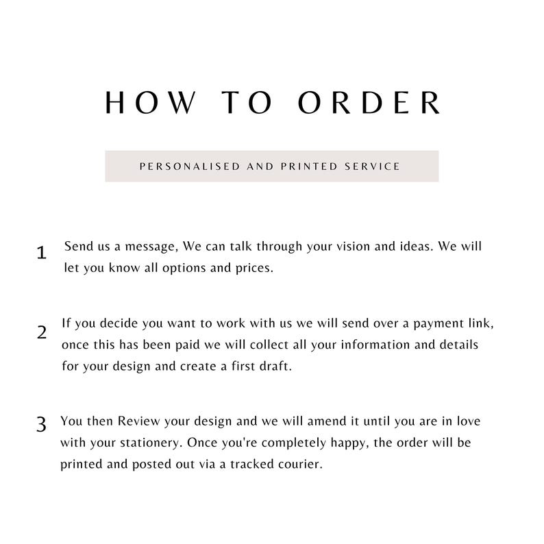 May include: How to order personalized and printed stationery.  Send a message, discuss your vision, and receive a payment link.  Once paid, provide details for your design and receive a first draft.  Review the design and make changes until you are happy.  The order will be printed and shipped via a tracked courier.