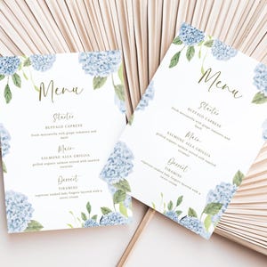 Modello di menu ortensia blu, modello di segnaletica per menu di nozze con fiori di ortensia, cartello per doccia, baby shower blu polvere stampabile Canva