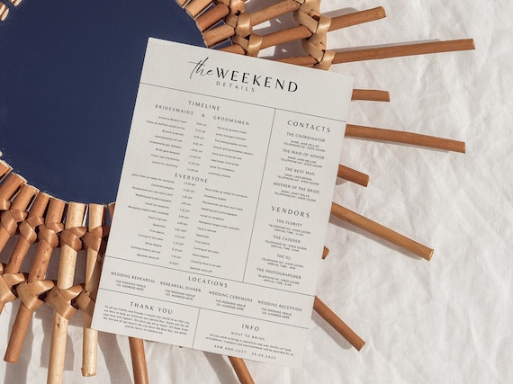 Wedding Itinerary Template Wedding Day Schedule Bridal Party Timeline Weekend Itinerary Printable Bridesmaid's Checklist Wedding day details