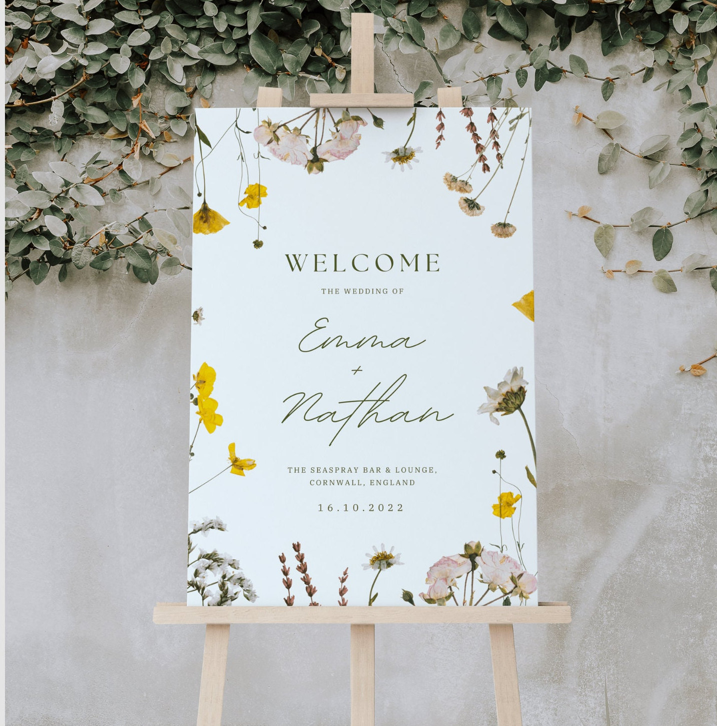 Pressed Flower Wedding Welcome Sign Spring Floral Entrance Board
