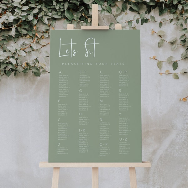 Wedding seating chart sage green wedding lets eat sign large sage green find your seat sign wedding seating Plan green wedding seat chart