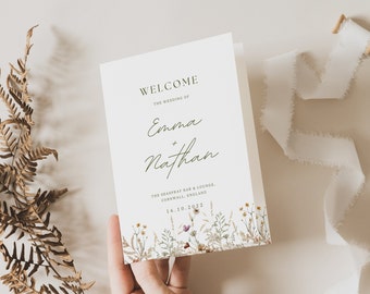 Wildflower Wedding Program Bifold Template, Spring Floral Ceremony Program, Pastel Folded Order of Service, Editable Canva Printable