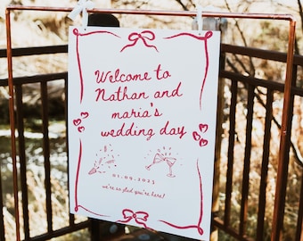 Wavy border welcome sign red and cream wavy welcome sign wedding template wavy wedding welcome sign handwritten fun scribble sign red