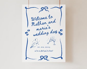 Handwritten welcome sign template whimsical scribble illustration welcome wedding sign wavy border fun wedding template hand drawn