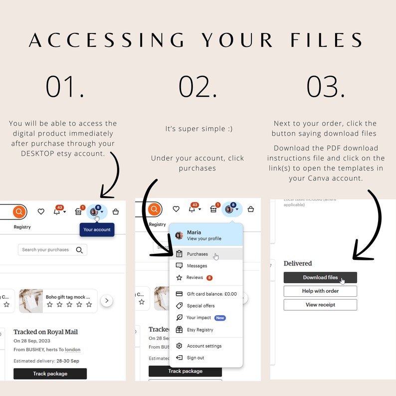 May include: A screenshot of a computer screen showing instructions on how to access digital files purchased on Etsy. The instructions are broken down into three steps, with screenshots of the Etsy website and Canva website.