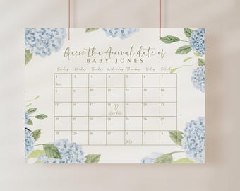 Puede incluir: Un juego de baby shower imprimible con un diseño floral con hortensias azules. El juego es un calendario con el texto "Adivina la fecha de llegada de Baby Jones" y una fecha de parto marcada con un corazón.