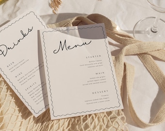 Wavy Wedding Menu Template Printable, Hand Drawn Black White Menu Card with Place Card, Whimsical Italian Summer Reception Dinner Stationery