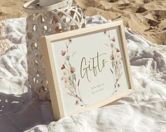 Baby shower wildflower gifts sign decorations baby in bloom gifts sign neutral wildflower baby shower sign template Canva floral sign