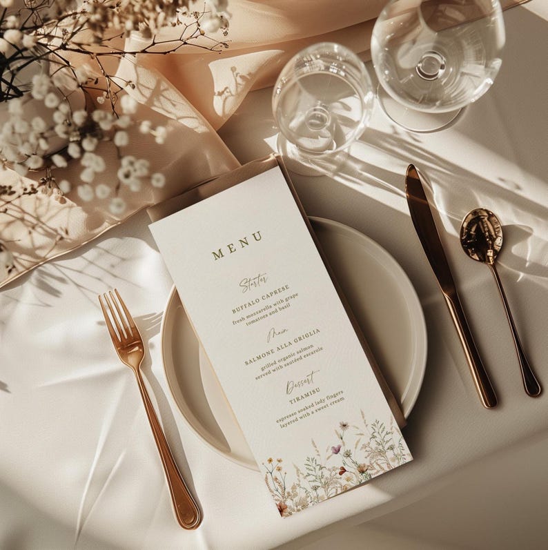 Modelo de menu de recepção de casamento com menu de flores silvestres, menu de casamento com flores prensadas, menu de flores silvestres, modelo de cartão de menu de casamento imagem 3