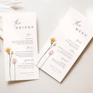 Blush floral Dankeschön-Menükarte Vorlage Menükarte und Dankeskarte Hochzeitvorlage Wildblumen Menükarte und Dankeschön Platzkarte Hochzeitvorlage