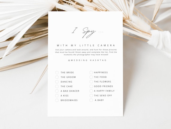 I spy wedding game Classic minimalist style reception printable guest activity table card instant download fun photo challenge editable