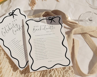 May include: Two printable game cards for a bachelorette party. The first card is titled "Match the Celebrity Couples" and has a list of celebrity couples to match. The second card is titled "Who Knows the Bachelorette Best?" and has a list of questions about the bachelorette.