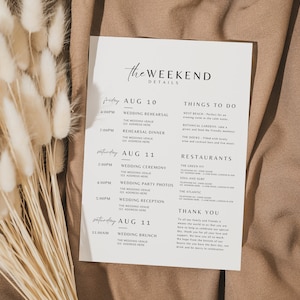 Wedding weekend itinerary template destination wedding itinerary Schedule of Events Card wedding timeline modern order of events