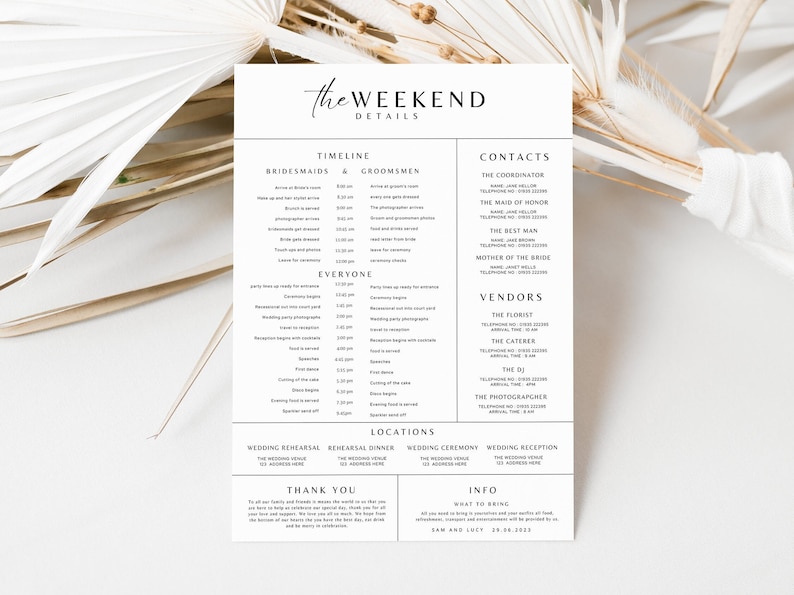 Wedding day details, wedding vendor checklist printable