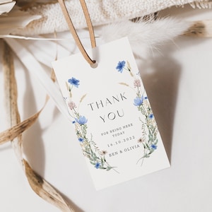 Tarjeta de agradecimiento con flores silvestres, etiquetas de agradecimiento para regalos de boda con flores de acuarela, plantilla de regalo de boda con flores silvestres, flores silvestres para boda
