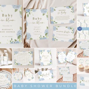 Blue Hydrangea Baby Shower bundle Flower Baby Shower Invitation Bundle Baby Shower Sign Bundle Floral baby in bloom blue hydrangea template