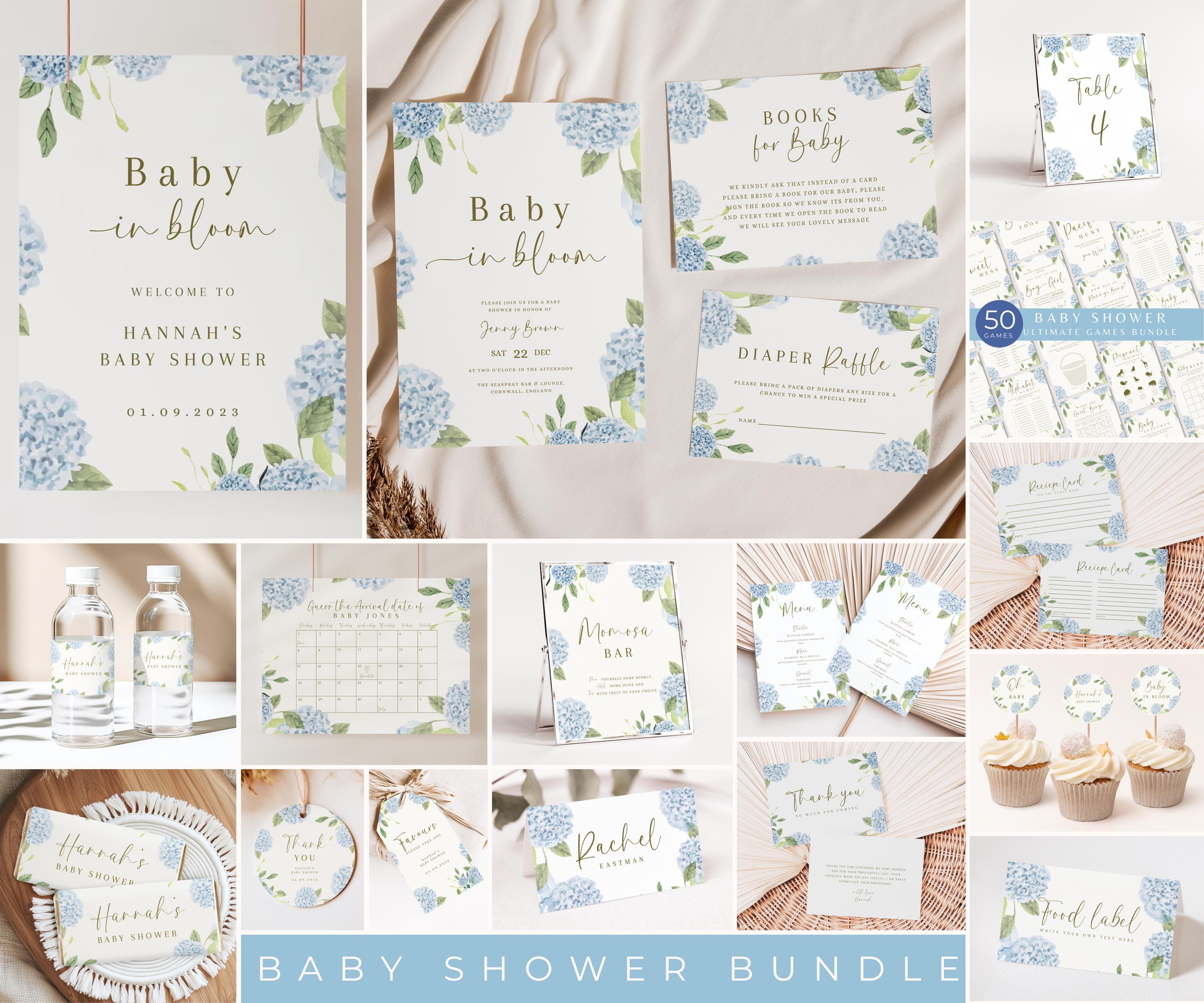 Blue Hydrangea Baby Shower bundle Flower Baby Shower Invitation Bundle Baby Shower Sign Bundle Floral baby in bloom blue hydrangea template