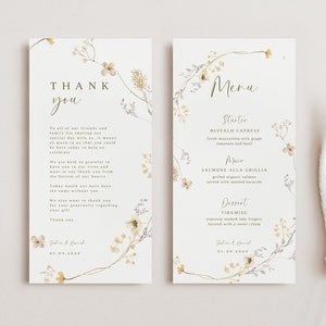 Blush floral Dankeschön-Menükarte Vorlage Menükarte und Dankeskarte Hochzeitvorlage Wildblumen Menükarte und Dankeschön Platzkarte Hochzeitvorlage