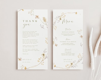 Floral Tea Party Menu Template, Wedding Reception Thank You Note, Wildflower Welcome And Thank You Wedding Napkin Note watercolour flowers