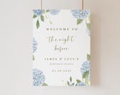 Dusty blue floral rehearsal dinner sign hydrangea welcome to the night before Classic garden wedding signage flower printable event template