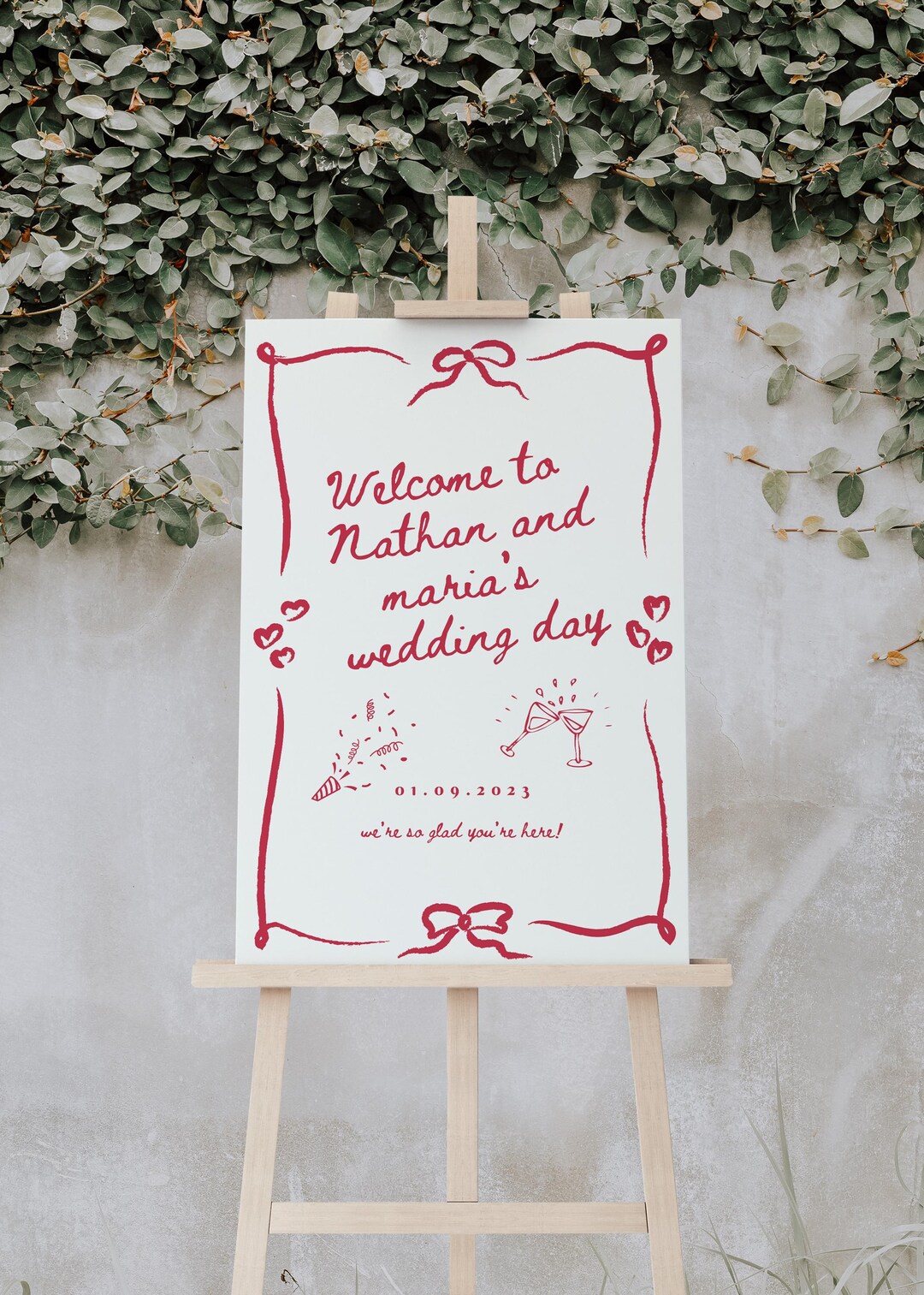 Wavy Border Welcome Sign Red and Cream Wavy Welcome Sign Wedding ...