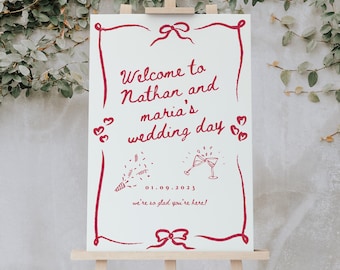 Wavy border welcome sign red and cream wavy welcome sign wedding template wavy wedding welcome sign handwritten fun scribble sign red