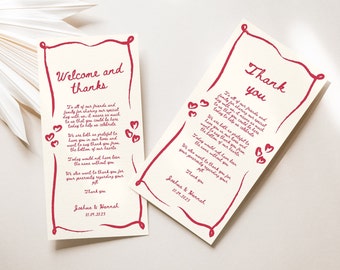 Handwritten welcome and thank you wedding table dinner note whimsical illustration Thank You Place Card Wedding Napkin Note hand drawn