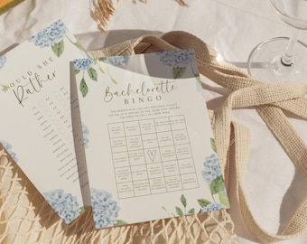 Paquete de juegos para despedida de soltera con hortensias, paquete de actividades para despedida de soltera en azul polvoriento, juego de bingo para despedida de soltera con hortensias y algo azul.