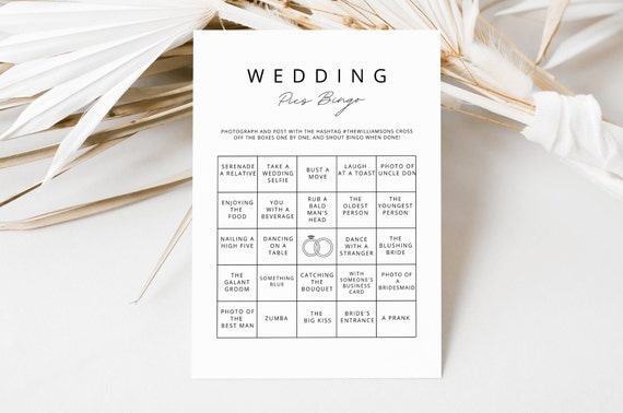 Wedding pics bingo game reception activity guest table icebreaker printable Canva template instant download photo card quiz fun