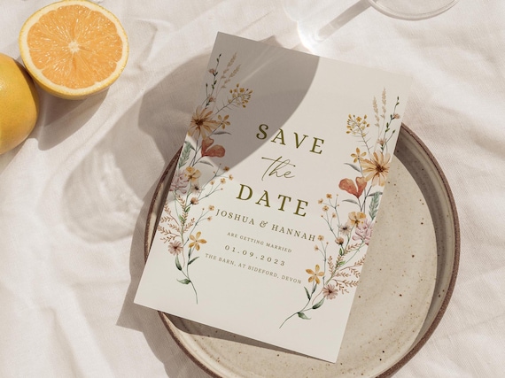 wildflower save the date evite autumn floral wedding invitation template digital wedding invite save our date cards orange boho Canva