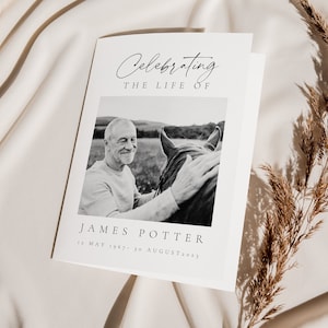May include: Black and white photo of a man with a horse. The photo is on a white card with the text "Celebrating the life of James Potter 12 May 1967 - 30 August 2021".