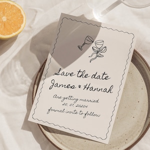 Plantilla de guardar la fecha escrita a mano, ilustración de garabatos caprichosos, guardar nuestra fecha, invitación de boda, borde ondulado, plantilla de boda divertida dibujada a mano
