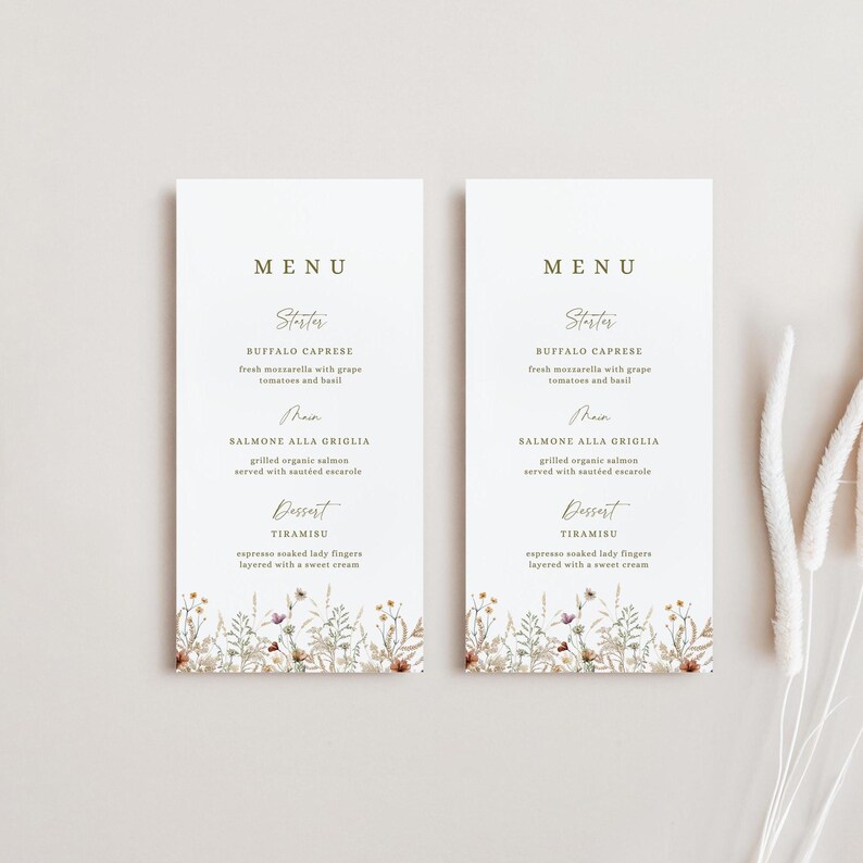 Modelo de menu de recepção de casamento com menu de flores silvestres, menu de casamento com flores prensadas, menu de flores silvestres, modelo de cartão de menu de casamento imagem 5