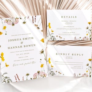 Conjunto de invitaciones de boda con flores prensadas amarillas, invitación de boda con flores silvestres amarillas, invitación floral bohemia imprimible, conjunto de plantillas de boda de Canva