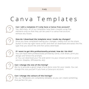 May include: A frequently asked questions (FAQ) page about Canva templates. The page includes questions about editing templates, downloading templates, printing templates, changing the size of templates, and changing the colors of templates.