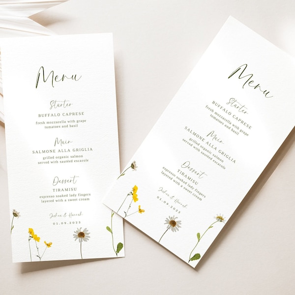 Wildflower menu wedding reception menu template floral wedding menu pressed flower menu wildflower menu wedding menu card template