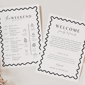 Carta de bienvenida para boda dibujada a mano y cronograma con borde ondulado, itinerario de boda y nota de agradecimiento, plantilla de itinerario de boda de destino
