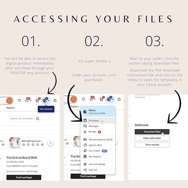 May include: A screenshot of a computer screen showing instructions on how to access digital files purchased on Etsy. The instructions are broken down into three steps, with screenshots of the Etsy website and Canva website.