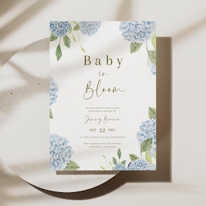 Baby In Bloom Invitation Blue hydrangea baby shower invitation blue baby boy shower invite dusty blue floral shower invite spring floral