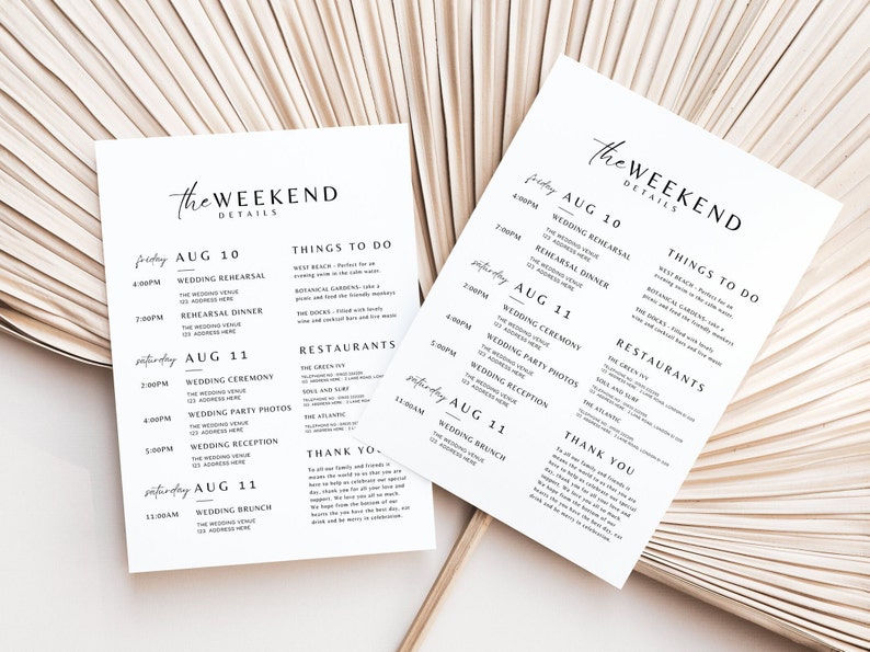 Wedding weekend itinerary template