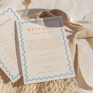 Plantilla de inserción de bolsa de hotel para bodas ondulada, plantilla de cronograma de bodas, plantilla de cronograma de fin de semana de bodas pequeñas, cronograma de eventos de bodas escritos a mano