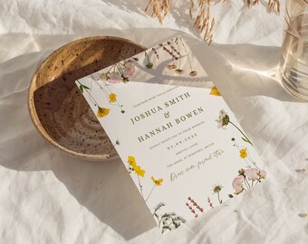 Wildflower Wedding Invitation Wild flower watercolor floral invite suite wedding Set of 3 Pressed Flower invitation Spring floral invite set